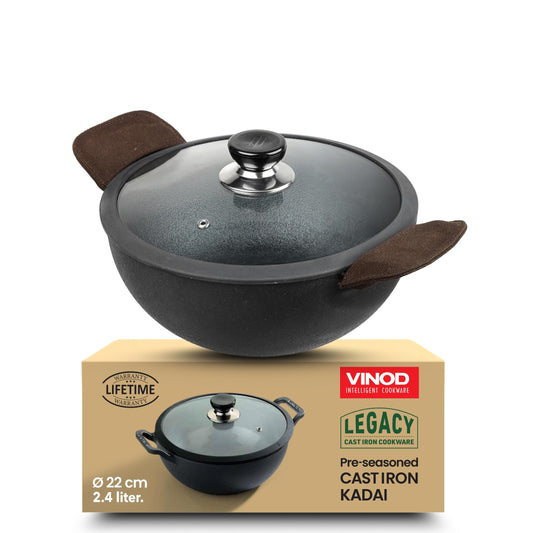 Vinod Legacy Cast Iron Kadai with Glass Lid (22 cm) | Pre-Seasoned & Stick-Free | Ideal for Sabzi, Frying & Curries | 100% Pure & Toxin-Free | Safety Sleeve | Rust Resistant