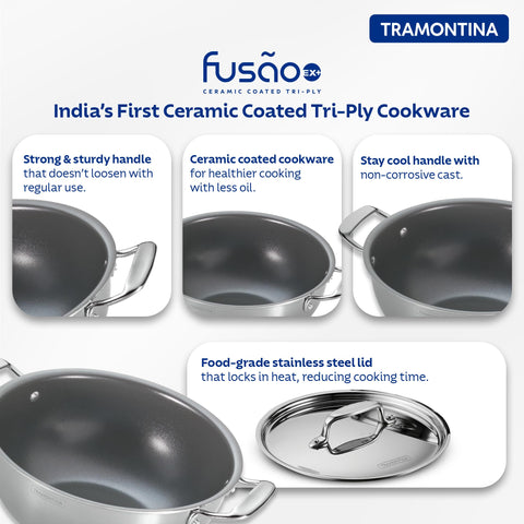 Tramontina FUSAO EX+ 26cm/4.7L Ceramic Coated Triply Stainless Steel Deep Kadai with Lid | Kadhai for Curry, Deep-Fry, Stir-Fry | Gas/Induction Compatible Cookware | NSF Certified | 10 Yr Warranty*