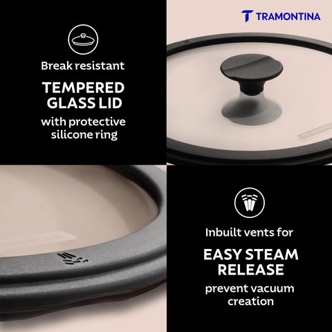 Tramontina TITANEX 24cm/4.9L Pre-Seasoned Heritage Cast Iron Casserole with Toughened Glass Lid | Gas/Induction Compatible Biryani Pot | Stock Pot with Snap-On Silicone Grips | Life-Time Warranty*