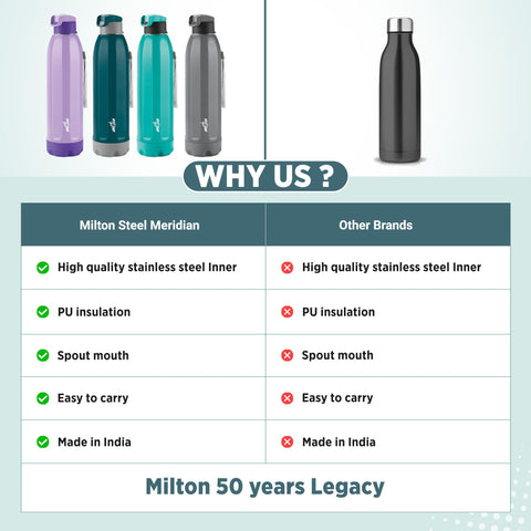 Milton Steel Meridian 900 Thermoware Bottle with Spout Mouth Flip Top Lid, 630 ml Water Bottle, PU Insulated, Green