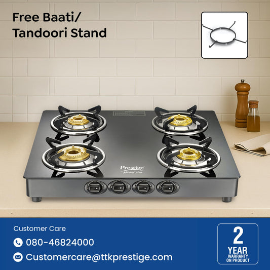 Prestige Marvel Plus 4 Burner GTM 04 SQ Glasstop Gas Stove|Superior Toughened Glass|Jumbo Brass Burner|360 Degree Revolving Nozzle|Spill Proof Design|5 Years Warranty on Glass|Black