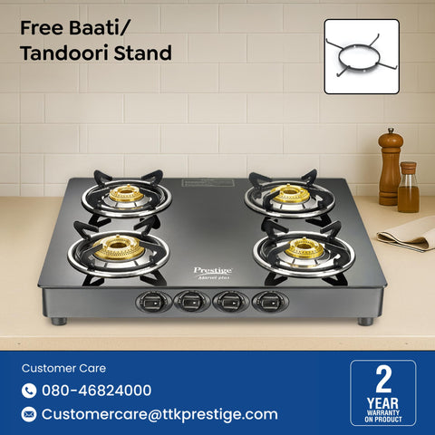 Prestige Marvel Plus 4 Burner GTM 04 SQ Glasstop Gas Stove|Superior Toughened Glass|Jumbo Brass Burner|360 Degree Revolving Nozzle|Spill Proof Design|5 Years Warranty on Glass|Black