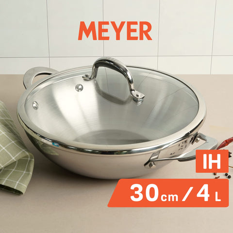 Meyer Select Nickel Free Stainless Steel Kadai | Kadhai with Glass Lid | Steel Kadai with Triply Base for Deep Frying| Gas and Induction Compatible, 30cm/ 4 Liters, Silver