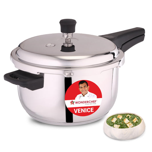 Wonderchef Venice Stainless-steel Pressure Cooker | 5L | Outer Lid | Triply Bottom | Safe Cooking | Compatible with Gas Stove, Induction, Ceramic, and Electric Stoves | ISI Certified | 5-Year Warranty