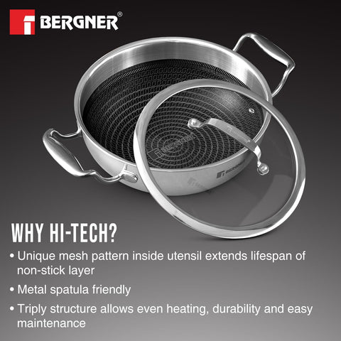 BERGNER Hitech Prism Non-Stick Stainless Steel Kadai with Glass Lid, 32 cm, 5.8 Litres, Induction Base, Silver (BG-31154-MM)