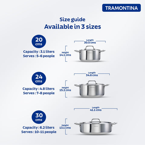 TRAMONTINA Fusao Healthy Triply Ceramic 20Cm/3.1Liters Polished Casserole EX+ With SS 304 Lid | Stock Pot | Biryani Pot | Induction Friendly | Stay Cool Handle I 10 Year Warranty* By Brand, Silver