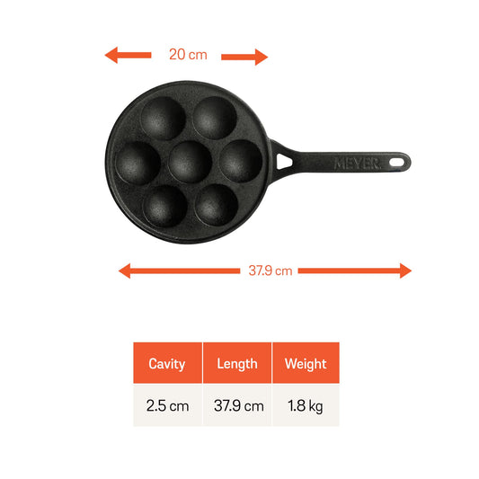Meyer Pre Seasoned Cast Iron 7 Cavity Appam Patra Paniyarakkal | Paniyaram | Appam Pan | Pan Cake Maker | Appam Maker | Ponganal Maker | Kuzhi | Paddu Tawa Single Handle, 20cm (Black)