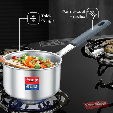 Prestige 10cm/400ml Tri-Ply Stainless Steel Cute Sauce Pan|Gas & Induction Compatible| Even Heat Distribution|Perma-Cool Handles|Thick Gauge