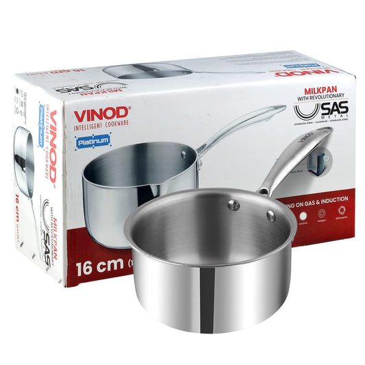 Vinod Platinum Triply Stainless Steel Milkpan - 1.5 Litre, 16 cm | Easy Pour Spout | Tea/Milk/Chai Pan | Rivetted Sturdy Handle | Induction & Gas Base | 5 Year Warranty
