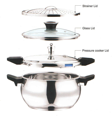 Vinod 18/8 Stainless Steel Magic Outer Lid Pressure Cooker - 5.5 Liters with a Pressure Cooker Lid, Straining Lid and Glass Lid (Induction and Gas Friendly), Silver