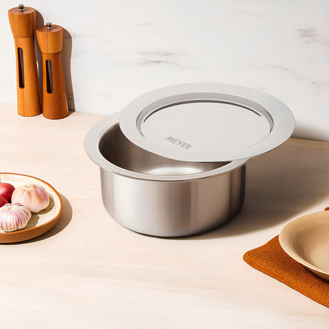 Meyer Triply Stainless Steel Tope with SS 304 Lid | Healthy, Non Toxic | Extended Grip | Bhagona | Tapeli | Patila | for Boiling Milk/Water | 18CM/2.3 litres Capacity | 10 Year Warranty | Silver