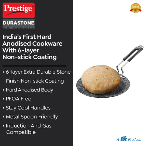 Prestige Durastone Hard Anodised Non-Stick Omni tawa(26.5 cm)|6 Layers Extra Durable Stone Coating|Stainless Steel Cool Touch Handles|Induction & Gas Compatible|2 Years Warranty