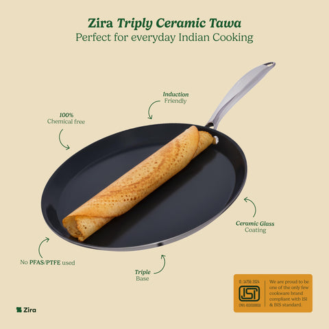 Zira Triply Ceramic Dosa Tawa 30cm | 100% Chemical Free Ceramic Surface, Premium Triply Base | Smooth Stick-Free Surface | Minimal Oil Usage | Fast Even Heating | Induction Use | ISI | 5 Year Warranty