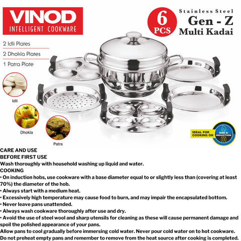 Vinod Gen - Z Multi 6 pcs Kadai with Stainless Steel Lid, 2 Idli Plates, 2 Dhokla Plates and 1 Patra Plate -Induction & Gas Stove Friendly, Sturdy Handle,SAS Bottom