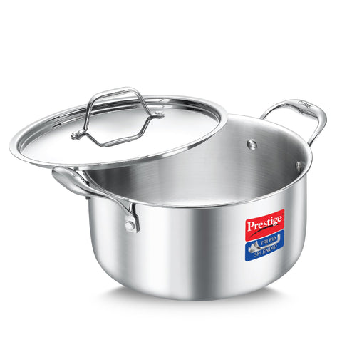 Prestige 20cm/3.2L Tri-Ply Stainless Steel Splendid Casserole| Gas and Induction Compatible |Even Heat Distribution| Thick Gauge Tri-Ply Body| Perma Cool Handles| 15 Year Warranty
