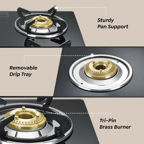 Prestige Marvel Plus 4 Burner GTM 04 SQ Glasstop Gas Stove|Superior Toughened Glass|Jumbo Brass Burner|360 Degree Revolving Nozzle|Spill Proof Design|5 Years Warranty on Glass|Black