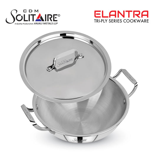 CDM SOLITAIRE Elantra Triply Stainless Steel Kadai with S.S Lid (30cm) | Triply Kadai with Heavy Bottom | Induction Friendly Triply Stainless Steel Cookware Kadhai | 5 Year Warranty