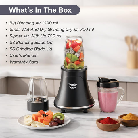 Prestige Nutri-Zen Mixer Grinder with 3 Polycarbonate Jars – Big - 1000ml | Sipper with Handle - 700ml | Small - 700ml |Compact & Powerful Blender for Juices, Shakes & More
