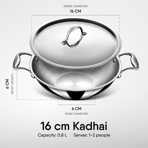 Stahl Artisan Triply 0.8 L, 16 cm Stainless Steel Kadhai with Lid,Kadai for Cooking, Stainless Steel Cookware Triply Kadai, Induction & Gas Stove Compatible