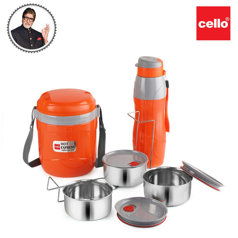 CELLO Lunch Express, Insulated Plastic Tiffin and Water Bottle- Orange | CELLO Lunch Express Insulated Tiffin and Water Bottle, Orange (Plastic) | Stainless Steel Tiffin 3 Units | Hot and Cold Water Bottle | Ideal for Office, Travel