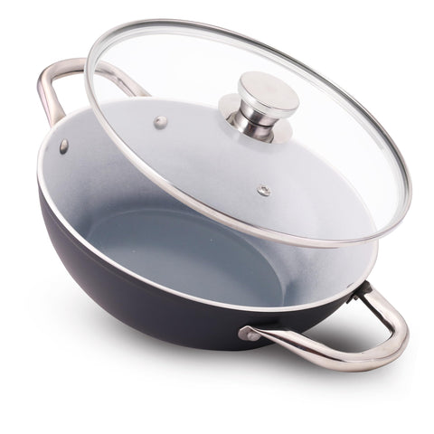 Wonderchef Eco-Glide Kadhai with Glass Lid | | Chemical-Free Ceramic Coating | 24cm, 2.5L | Healthy, Low Oil Meals | Scratch-Resistant | Stainless-Steel Handle | Gas & Induction Compatible | Grey