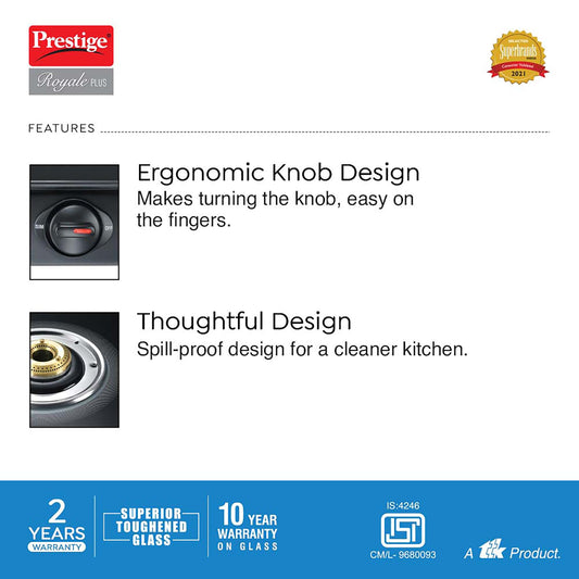 Prestige Royale Plus GT 04 Toughened Black Glass Top Gas Stove(Manual, 4 Brass Burners, Black, Baati/Tandoor Stand Inside)