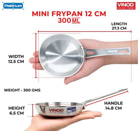 Vinod Platinum Triply Stainless Steel Mini Frypan - 12 cm, Compact Design Frying Pan, Induction Friendly Versatile Fry pan, Perfect for Everyday Cooking, Tadka, Roasting, Omelette - 5 Years Warranty