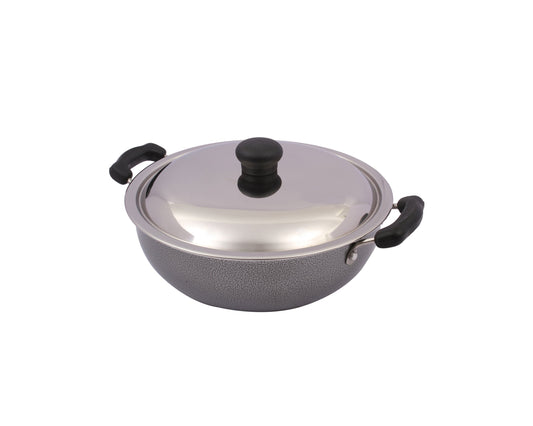 Prestige Aluminium Omega Select Plus Non-Stick Round Base Kadhai with Lid, 25 cm, Black