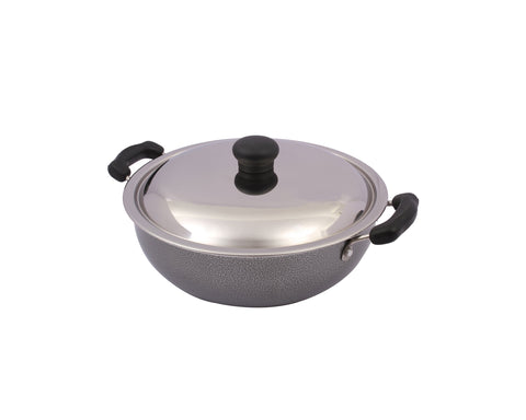 Prestige Aluminium Omega Select Plus Non-Stick Round Base Kadhai with Lid, 25 cm, Black