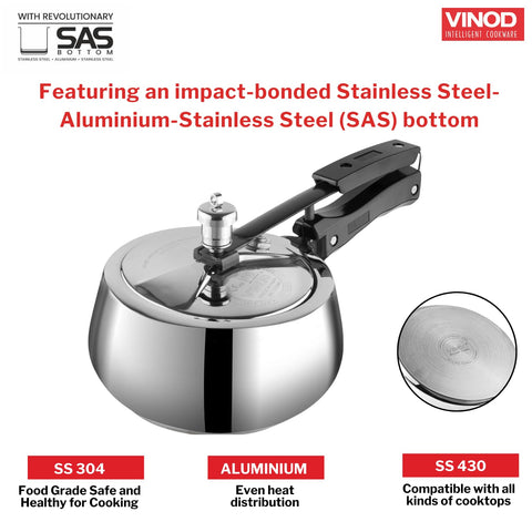 Vinod Europa Stainless Steel Inner Lid Pressure Cooker – 3 Litre | Handi Shape Design | Durable Sandwich Bottom | Induction & Gas Stove Friendly | ISI & CE Certified | 2 Year Warranty | Steel