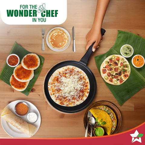 Wonderchef Inducta Die-Cast Aluminium Non-Stick Dosa Tawa | 3.8 mm Extra Thick Base | 28cm Non Stick Tawa | Induction Friendly | Soft Touch Bakelite Handle | 2 Year Warranty | Black