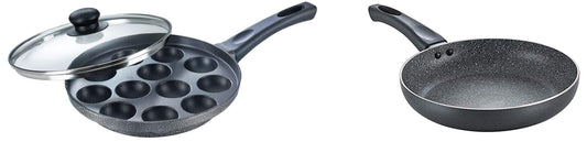 Prestige Omega Select Plus Non-Stick Paniyarakkal with Lid (240 mm, Black)- Gas Top Compatible only and Omega Deluxe Granite Fry Pan, 240mm, Black (36305)