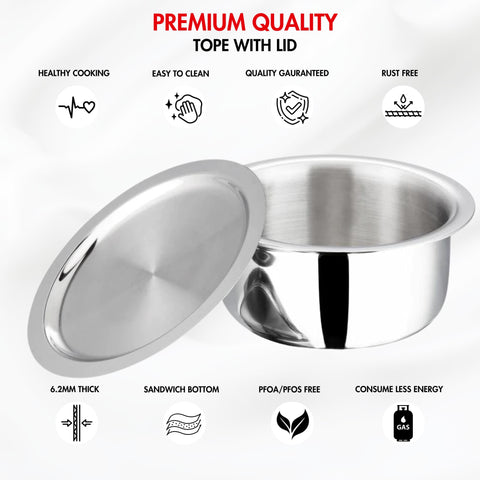 Vinod Platinum Triply Stainless Steel Tope with Stainless Steel Lid 5.2 litres Capacity (24 cm Diameter) - Silver (Induction and Gas Stove Friendly), 5 Years Warranty