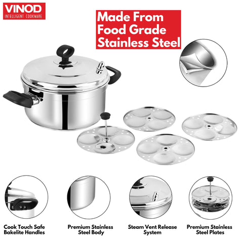 Vinod Classic 304 Stainless Steel Idli Pot - 4 Deep Plates (16 Idlis) | Soft & Plump Fluffy Idly Maker Cooker | Even Heating SAS Bottom Steamer | Heat-Resistant Handles | Induction & Gas Compatible