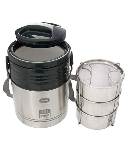 Cello HOT Stuff-3 Stainless Steel Insulated Lunch Carrier,Colour- Black,3 Containers