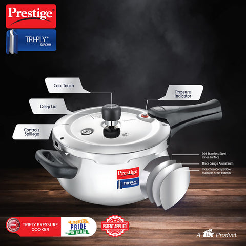 Prestige 3 Litre Triply Svachh Handi Outerlid Pressure Cooker|Deep lid for spillage control|Gas & Induction Compatible|Triply body for even heating|Gasket Release System|5 Years warranty|ISI certified