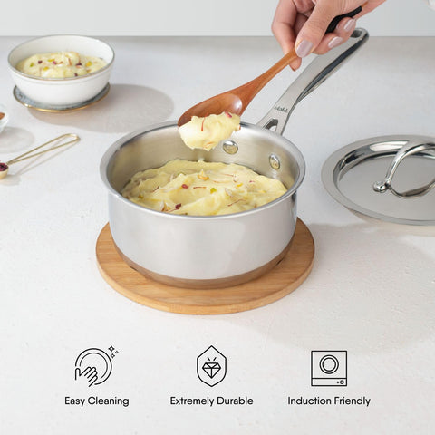 Stahl Artisan Triply Stainless Steel Belly Sauce Pan with Lid, Milk Pan, Stainless Steel Tea Pan, Induction & Gas Stove Compatible, 1.6 L,16 cm