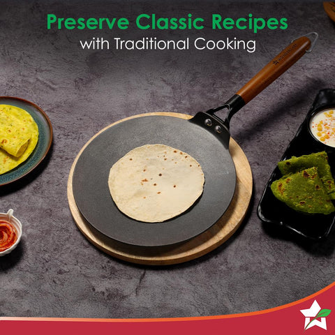 Wonderchef Ferro Light-Weight Cast-Iron Roti Tawa | 26cm | Pre-Seasoned with 100% Vegetable Oil | 40% Lighter Than Regular Cast-Iron Cookware | Cool-Touch Real Acacia Wood Handles | 10-Year Warranty