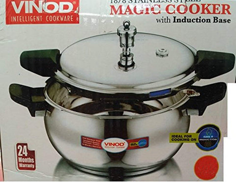 Vinod 18/8 Stainless Steel Magic Outer Lid Pressure Cooker - 5.5 Liters with a Pressure Cooker Lid, Straining Lid and Glass Lid (Induction and Gas Friendly), Silver