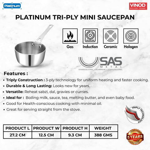 Vinod Platinum Triply Stainless Steel Mini Saucepan - 12cm (600ml), Compact Design, Healthy Cooking, Sturdy and Durable, Ideal for Boiling Milk, Tea, Melting Butter, and Baby Food - 5 Years Warranty