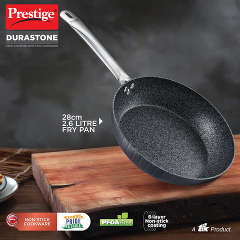 Prestige Durastone 28cm(2.6L) Hard Anodised Fry Pan with 6 Layers Non-Stick Coating|Stainless Steel Stay Cool Handles|Induction & Gas Compatible|2 Years Warranty