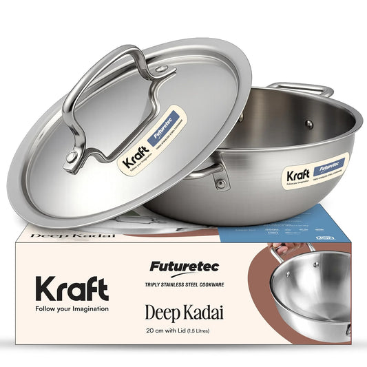 Kraft Futuretec Triply Stainless Steel Kadai with Lid – 1.5 Litre (20 cm), 2.5 mm Thick Extra Deep Kadai | Family Meals and Daily Cooking | Induction & Gas Compatible | 5 Years Warranty