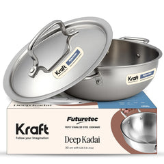 Kraft Futuretec Triply Stainless Steel Kadai with Lid – 1.5 Litre (20 cm), 2.5 mm Thick Extra Deep Kadai | Family Meals and Daily Cooking | Induction & Gas Compatible | 5 Years Warranty
