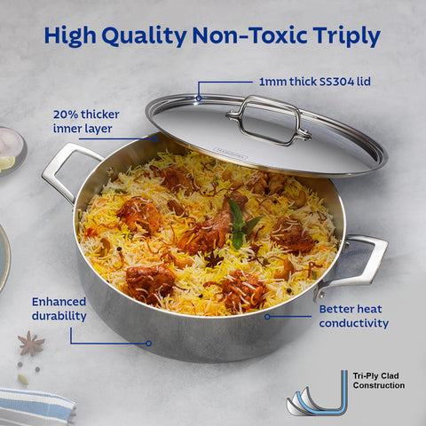 Tramontina AEION TriPly 20cm / 3.1L Stainless Steel Biryani Handi with Lid | 1Kg Rice, Stewpot, Saucepot, Stockpot, Rasam, Curry Preparation | Gas & Induction Ready | NSF Certified | 10 Year Warranty