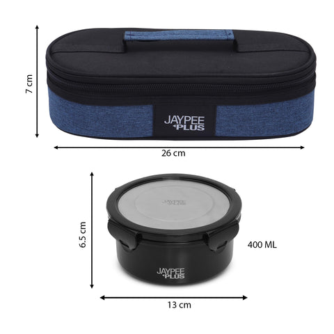 Jaypee Plus Microplus 400 ml Each Stainless Steel Office Lunch Box | BPA Free, Microwave Safe & Spillproof Airtight 2 Containers | Including Insulated Bag | Ideal for College & School (Black)