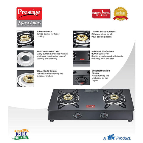 Prestige Marvel Plus 2 Burner Glass Top, Gas Stove (GTM 02, Black) - Manual Ignition