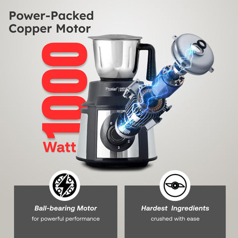 Prestige Endura 1000 Watt Mixer Grinder with 4 Jars | Heavy-Duty Ball Bearing Copper Motor | 3 Stainless Steel + 1 Juicer | Super Efficient SS Blades | Black | 5Y Motor Warranty