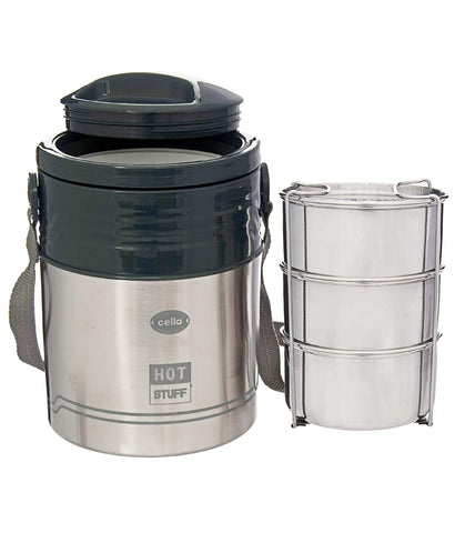 Cello HOT Stuff-3 Stainless Steel Insulated Lunch Carrier,Colour- Black,3 Containers