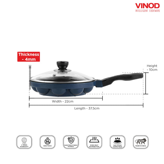 Vinod Zest Non-Stick Paniyarakkal with Glass Lid, 22 cm Diameter | 3-Layer Coating | Metal Spoon Friendly | PFOA-Free | Gas Stove Compatible | 1 Year Warranty