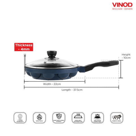 Vinod Zest Non-Stick Paniyarakkal with Glass Lid, 22 cm Diameter | 3-Layer Coating | Metal Spoon Friendly | PFOA-Free | Gas Stove Compatible | 1 Year Warranty